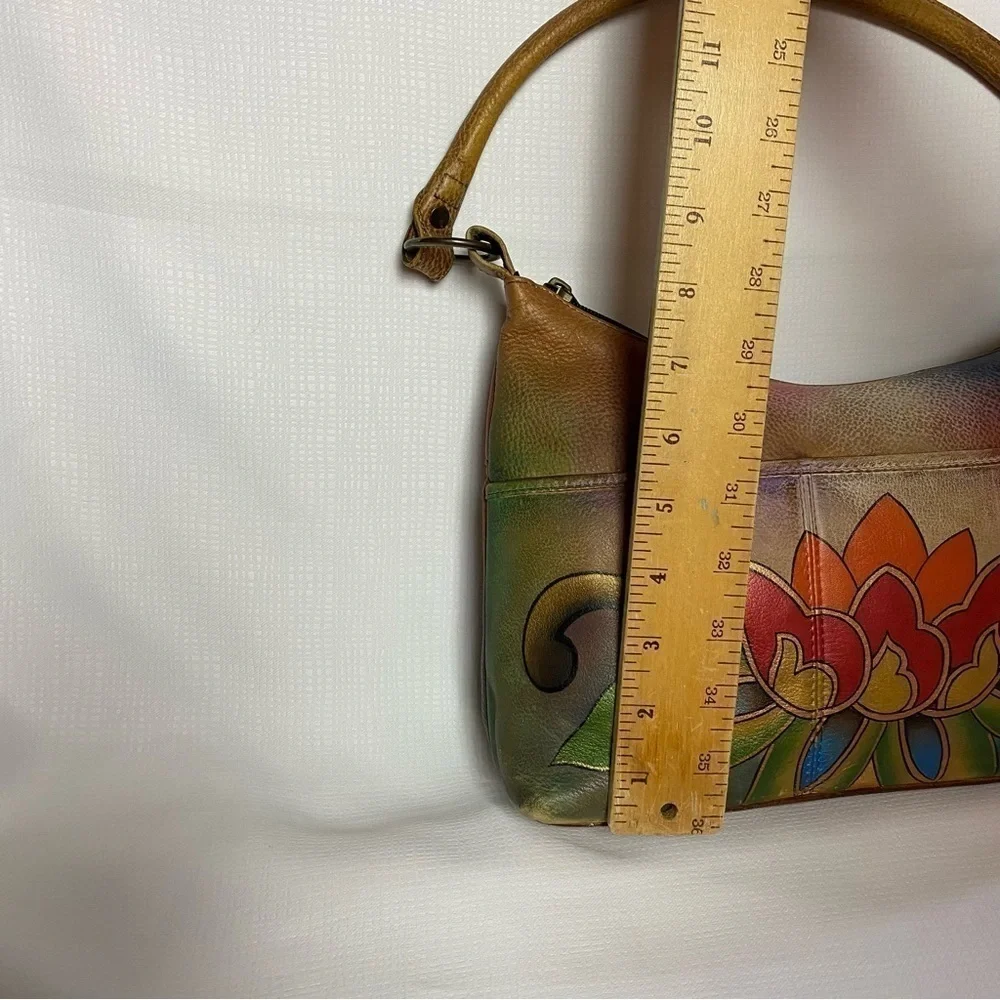 Anuschka Gorgeous Hand Painted Medium Zip Top Genuine Brown Leather Hobo Bag